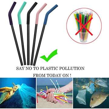 Senneny Set of 5 Stainless Steel Straws with Silicone Flex Tips Elbows Cover, 2 Cleaning Brushes and 1 Portable Bag Included (Black)- 8mm diameter