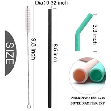 Senneny Set of 5 Stainless Steel Straws with Silicone Flex Tips Elbows Cover, 2 Cleaning Brushes and 1 Portable Bag Included (Black)- 8mm diameter