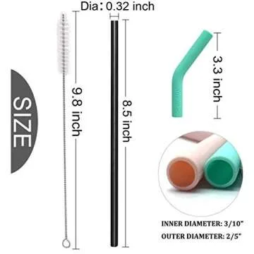 Senneny Set of 5 Stainless Steel Straws with Silicone Flex Tips Elbows Cover, 2 Cleaning Brushes and 1 Portable Bag Included (Black)- 8mm diameter