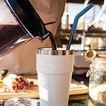 Senneny Set of 5 Stainless Steel Straws with Silicone Flex Tips Elbows Cover, 2 Cleaning Brushes and 1 Portable Bag Included (Black)- 8mm diameter