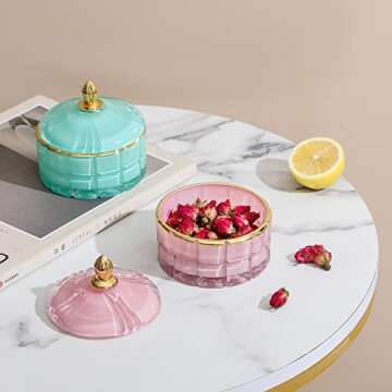 EVEREST GLOBAL European Glass Storage Cute Jar Candy Dish with Lid Diamond Candy Box Jewelry Storage Jar Candy Table Containers for Office(Cyan, D 3.94" H 4.06" Cube Facets)