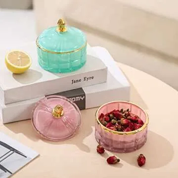 EVEREST GLOBAL European Glass Storage Cute Jar Candy Dish with Lid Diamond Candy Box Jewelry Storage Jar Candy Table Containers for Office(Cyan, D 3.94" H 4.06" Cube Facets)
