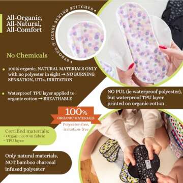 Non Slip Cloth Menstrual Pads Light Flow 6-Pack (S+M) Organic Cotton Washable Pads Menstrual for Women and Teens & Cloth Pads Menstrual Light Flow, Small & Medium Reusable Period Pads