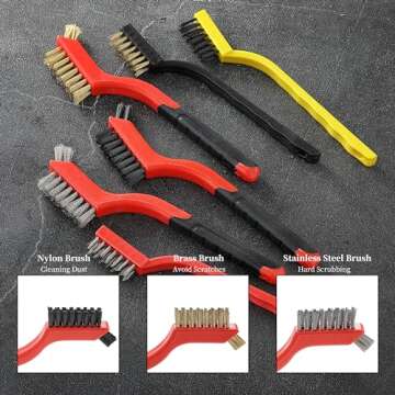 Wire Brush Set of 6 - Brass/Stainless Steel/Nylon Bristles with Anti-Slip Grip and Curved Brush Head, Wire Brushes for Cleaning, Metal Brush for Cleaning Rust, Nylon Brush for Dirt, 7 Inch