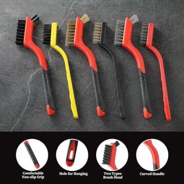 Wire Brush Set of 6 - Brass/Stainless Steel/Nylon Bristles with Anti-Slip Grip and Curved Brush Head, Wire Brushes for Cleaning, Metal Brush for Cleaning Rust, Nylon Brush for Dirt, 7 Inch