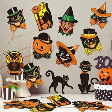 Whaline 40Pcs Vintage Halloween Cutouts Assorted Retro Pumpkin Cat Owl Cutouts Classic Orange Black Vintage Halloween Decorations Paper Cutouts with Glue Points for Halloween Party Decor