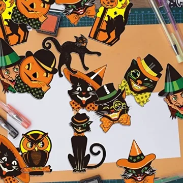 Whaline 40Pcs Vintage Halloween Cutouts Assorted Retro Pumpkin Cat Owl Cutouts Classic Orange Black Vintage Halloween Decorations Paper Cutouts with Glue Points for Halloween Party Decor