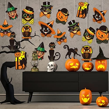 Whaline 40Pcs Vintage Halloween Cutouts Assorted Retro Pumpkin Cat Owl Cutouts Classic Orange Black Vintage Halloween Decorations Paper Cutouts with Glue Points for Halloween Party Decor
