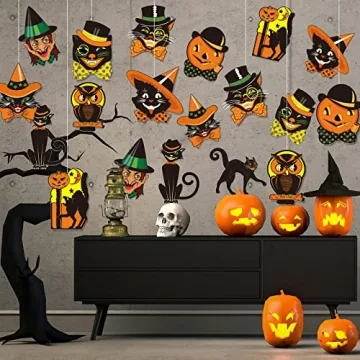 Whaline 40Pcs Vintage Halloween Cutouts Assorted Retro Pumpkin Cat Owl Cutouts Classic Orange Black Vintage Halloween Decorations Paper Cutouts with Glue Points for Halloween Party Decor