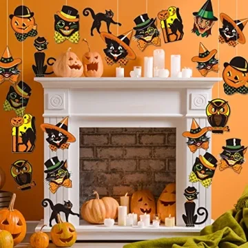 Whaline 40Pcs Vintage Halloween Cutouts Assorted Retro Pumpkin Cat Owl Cutouts Classic Orange Black Vintage Halloween Decorations Paper Cutouts with Glue Points for Halloween Party Decor