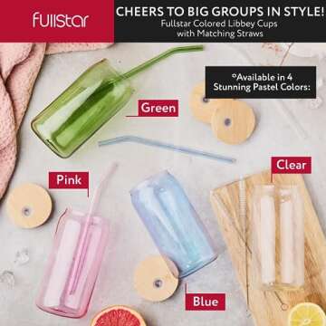fullstar Glass Cups with Lids and Straws - Drinking Glasses, Glass Tumbler with Straw and Lid, Iced ...