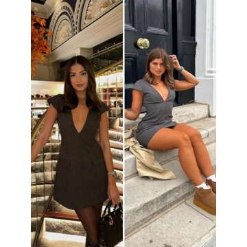 Fisoew Womens Sleeveless Blazer Dress Deep V Neck Cap Sleeve Sexy Slim Fitted Mini Dress