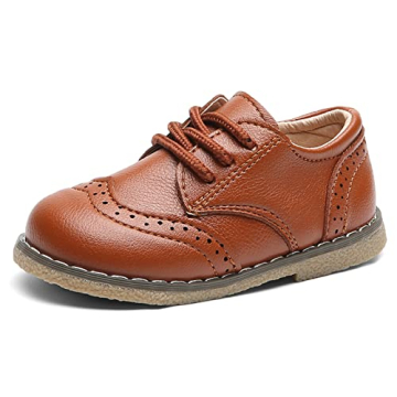 DADAWEN Toddler Boys Girls Dress Shoes Comfort Oxford Shoes Wedding Church Dress Shoes Lace Up School Uniform Loafer Flats (Toddler/Little Kid) Brown US Size 5.5 M Toddler
