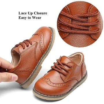 DADAWEN Toddler Boys Girls Dress Shoes Comfort Oxford Shoes Wedding Church Dress Shoes Lace Up School Uniform Loafer Flats (Toddler/Little Kid) Brown US Size 5.5 M Toddler