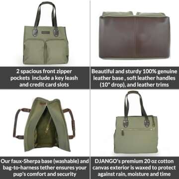 DJANGO Dog Carrier Bag Large - Waxed Canvas and Leather Soft Dog Travel Carrier - Olive Green Travel...