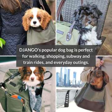 DJANGO Dog Carrier Bag Large - Waxed Canvas and Leather Soft Dog Travel Carrier - Olive Green Travel Tote Bag for Pets with Harness Safety Tether, Secure Zipper Pockets, and Water-Resistant Lining