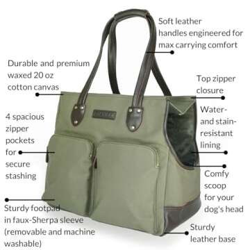 DJANGO Dog Carrier Bag Large - Waxed Canvas and Leather Soft Dog Travel Carrier - Olive Green Travel Tote Bag for Pets with Harness Safety Tether, Secure Zipper Pockets, and Water-Resistant Lining