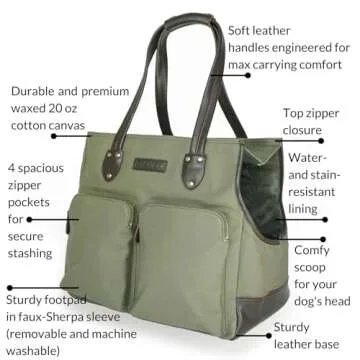 DJANGO Dog Carrier Bag Large - Waxed Canvas and Leather Soft Dog Travel Carrier - Olive Green Travel Tote Bag for Pets with Harness Safety Tether, Secure Zipper Pockets, and Water-Resistant Lining