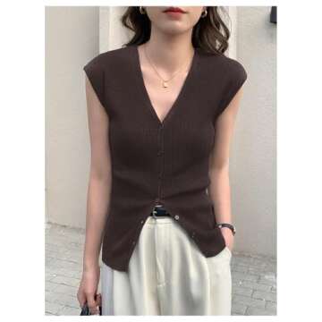 RoseSeek Women's Cardigan Sweater Vest Tops Cap Sleeve V Neck Button Down Tank Tops Knit Fall Outfits 2024 Coffee Brown Medium
