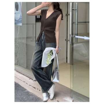 RoseSeek Women's Cardigan Sweater Vest Tops Cap Sleeve V Neck Button Down Tank Tops Knit Fall Outfits 2024 Coffee Brown Medium