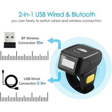 Eyoyo 1D Wireless Ring Barcode Scanner, Compatible with Bluetooth Function & 2.4GHz Wireless & Wired Connection, Portable Wearable Mini Finger Bar Code Reader Work with Windows, Mac OS, Android 4.0+,