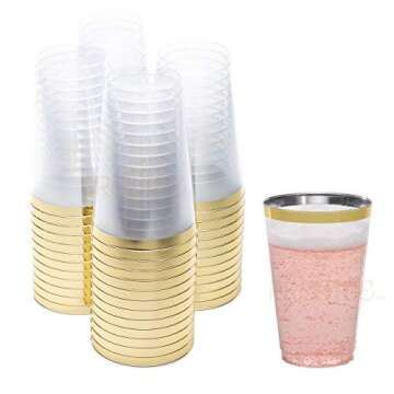 Gold Plastic Clear Cups ~14 oz. 50 Pack ~ Disposable Party Cups with Gold Rim ~ Fancy Wedding Tumble...