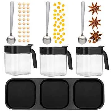 Mlici Condiment Jar Spice Container with Lids and Spoons, 8.6oz Clear Glass Condiment Canisters Pots Seasoning Box Salt Container Sugar Bowl Set of 3 for Kitchen, Counter, Food Storage, Black