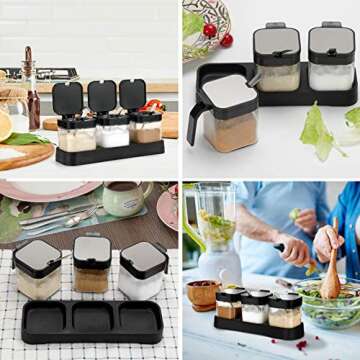 Mlici Condiment Jar Spice Container with Lids and Spoons, 8.6oz Clear Glass Condiment Canisters Pots Seasoning Box Salt Container Sugar Bowl Set of 3 for Kitchen, Counter, Food Storage, Black