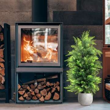 KOL 3FT 2-Pack Artificial Cedar Topiary Trees UV Resistant Potted Shrubs Fake Plants, Faux Pine Tree...