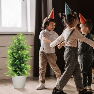 KOL 3FT 2-Pack Artificial Cedar Topiary Trees UV Resistant Potted Shrubs Fake Plants, Faux Pine Tree for Home Office Garden Front Porch Patio Indoor Outdoor Thanksgiving Christmas Decoration