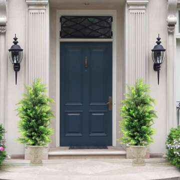 KOL 3FT 2-Pack Artificial Cedar Topiary Trees UV Resistant Potted Shrubs Fake Plants, Faux Pine Tree for Home Office Garden Front Porch Patio Indoor Outdoor Thanksgiving Christmas Decoration