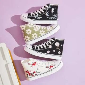 kufeiti Women's Embroidered High Top Canvas Sneaker Black Lace-up Comfortable Casual Fashion Sneaker(Embroidery Black, US9)