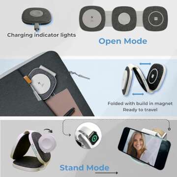 3 in 1 Wireless Fabric Charging Pad, Foldable, Travel Design, Mag-Safe, for iPhone 15, 14, 13 & 12 Series, iWatch, and AirPods - Includes 20W Fast Charging Adapter & Leather Bag (Grey)