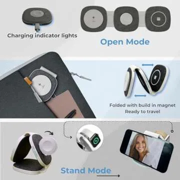 3 in 1 Wireless Fabric Charging Pad, Foldable, Travel Design, Mag-Safe, for iPhone 15, 14, 13 & 12 Series, iWatch, and AirPods - Includes 20W Fast Charging Adapter & Leather Bag (Grey)