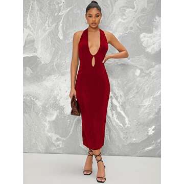 Floerns Women's Halter Neck Sleeveless Split Thigh Party Bodycon Long Dress Wine Red S