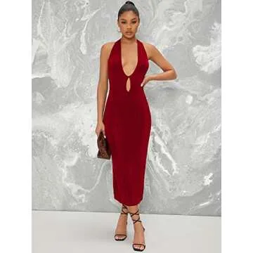 Floerns Women's Halter Neck Sleeveless Split Thigh Party Bodycon Long Dress Wine Red S