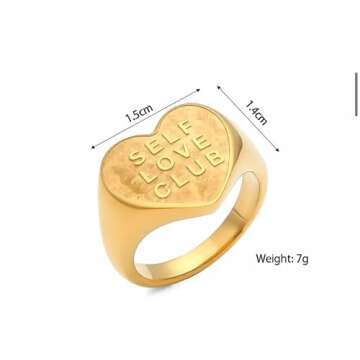 18k Gold Plated Stainless Steel Self Love Club Chunky Heart Shaped Statement Ring Fashion for Women Girls Gift Occassion Durable Fit Size 6 to 8