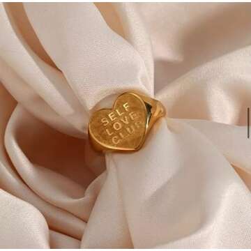 18k Gold Plated Stainless Steel Self Love Club Chunky Heart Shaped Statement Ring Fashion for Women Girls Gift Occassion Durable Fit Size 6 to 8