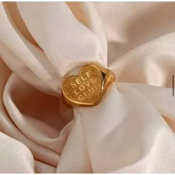18k Gold Plated Stainless Steel Self Love Club Chunky Heart Shaped Statement Ring Fashion for Women Girls Gift Occassion Durable Fit Size 6 to 8