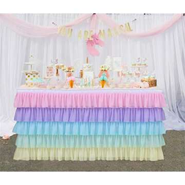 GewoneLife Rainbow Tulle Table Skirt 6FT Tutu Table Clothing for Baby Shower Birthday Party Decorati...