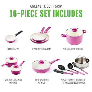 GreenLife Soft Grip Healthy Ceramic Nonstick 16 Piece Kitchen Cookware Pots and Frying Sauce Pans Set, PFAS-Free with Kitchen Utensils and Lid, Dishwasher Safe, Bright Pink