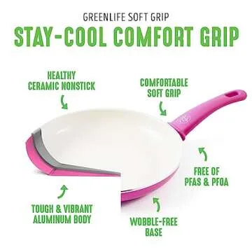 GreenLife Soft Grip Healthy Ceramic Nonstick 16 Piece Kitchen Cookware Pots and Frying Sauce Pans Set, PFAS-Free with Kitchen Utensils and Lid, Dishwasher Safe, Bright Pink