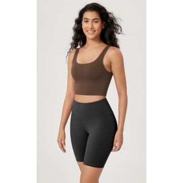 ODODOS Women's Seamless Square Neck Sports Bra Medium Support Padded Wirefree Cropped Tank Tops, Brunette, Medium/Large