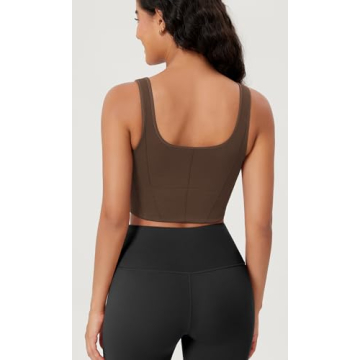 ODODOS Women's Seamless Square Neck Sports Bra Medium Support Padded Wirefree Cropped Tank Tops, Brunette, Medium/Large