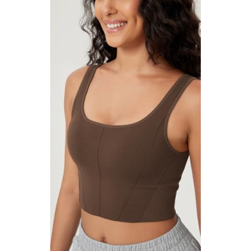 ODODOS Women's Seamless Square Neck Sports Bra Medium Support Padded Wirefree Cropped Tank Tops, Brunette, Medium/Large