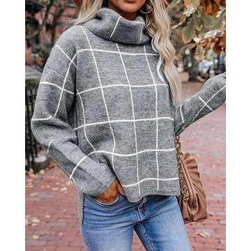 KIRUNDO 2019 Winter Women’s Turtleneck Knit Sweater Long Sleeves Pullover Plaid Side Split Checked Outwear Loose Fit Tops Gray Medium