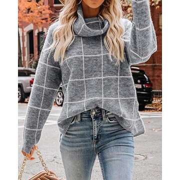 KIRUNDO 2019 Winter Women’s Turtleneck Knit Sweater Long Sleeves Pullover Plaid Side Split Checked Outwear Loose Fit Tops Gray Medium