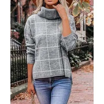 KIRUNDO 2019 Winter Women’s Turtleneck Knit Sweater Long Sleeves Pullover Plaid Side Split Checked Outwear Loose Fit Tops Gray Medium