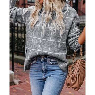 KIRUNDO 2019 Winter Women’s Turtleneck Knit Sweater Long Sleeves Pullover Plaid Side Split Checked Outwear Loose Fit Tops Gray Medium