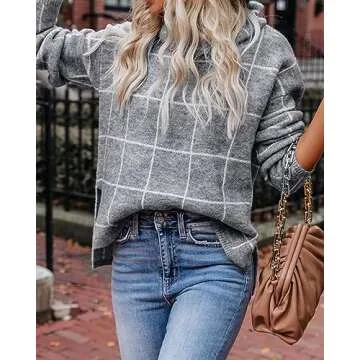 KIRUNDO 2019 Winter Women’s Turtleneck Knit Sweater Long Sleeves Pullover Plaid Side Split Checked Outwear Loose Fit Tops Gray Medium